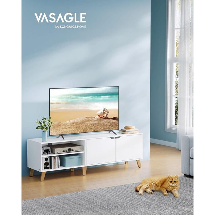 Тумба під телевізор VASAGLE 160 см, біла, з двома дверцятами, для ТВ до 65 дюймів, з регульованими полицями, для вітальні, спальні