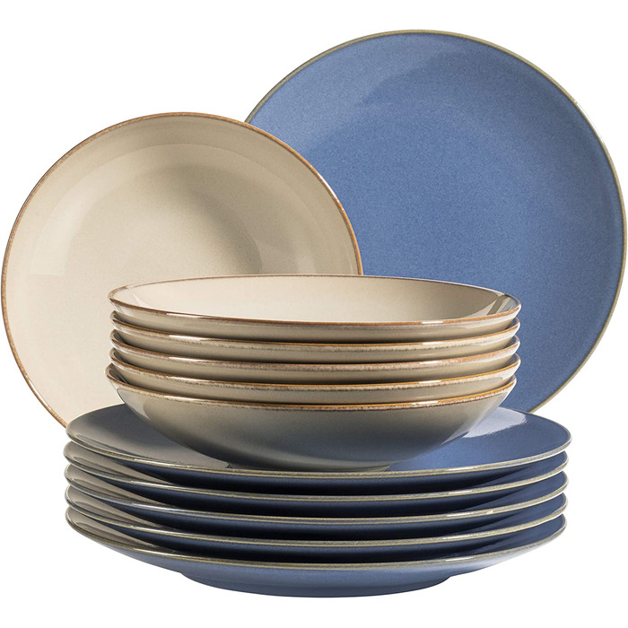 Набір тарілок для 6 осіб у вінтажному середземноморському стилі, сучасна їдальня з 12 страв з суповими і обідніми тарілками пісочно-сірого кольору, кераміка, (пісочно-сірий / Світло-блакитний), 931734 Ossia
