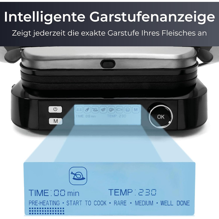 Контактний гриль KLAMER з 7 автоматичними програмами, знімні пластини з антипригарним покриттям, 2100W, чорний & нержавіюча сталь