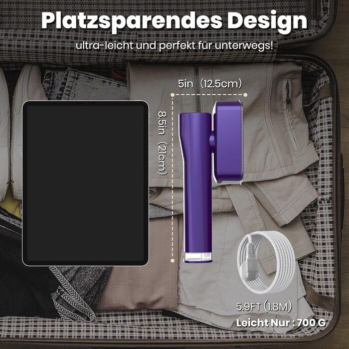 Портативний паровий випрямляч для подорожей 2-в-1, швидкий нагрів за 15 секунд (фіолетовий)