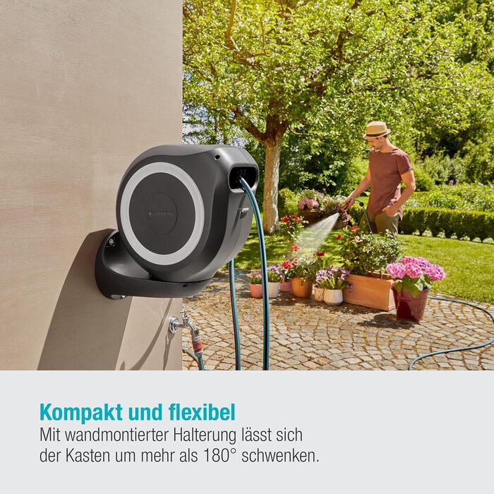 Шланг садовий Gardena RollUp M 20м: гнучкий, з тримачем для стіни, з розпилювачем та шлангом 20м (18610-20)