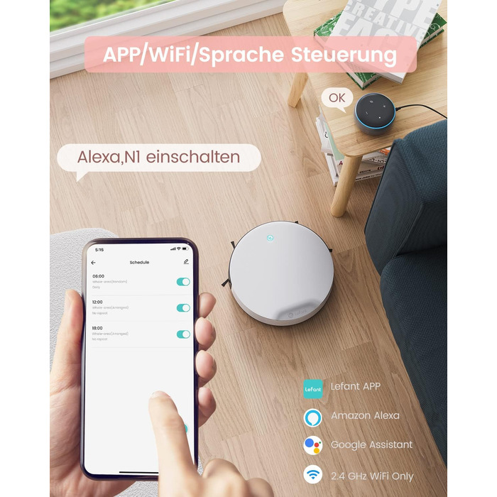 Робот-пилосос LEFANT N1, робот-пилосос із сильним всмоктуванням 4500 Па, робот-пилосос Wi-Fi, сумісний з Alexa та керуванням APP, самозарядний та безшумний робот-пилосос Шерсть домашніх тварин