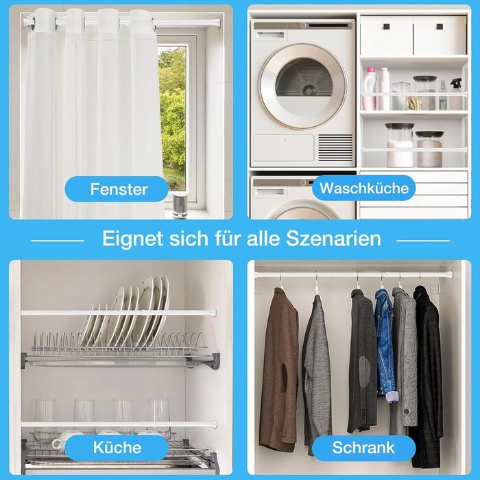 Штанга для карниза без свердління 76-165 см. Телескопічна штанга для душу, штанга для штор, вішалка для одягу, натяжна штанга, регульована для ванної кімнати, вікна, кухні, шафи (59-118 см, білий)