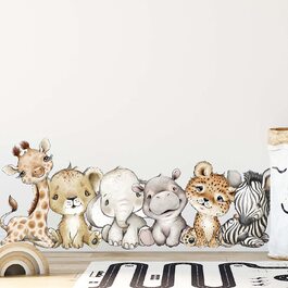 Настінна наклейка на стіну для дітей, тварин, Африки, Сафарі, дитяча кімната, V351 намальована від руки / наклейка для дитячої / наклейка на стіну, джунглі з левом, слоном, жирафом, бегемотом, зеброю, тигром (60 х 60 см)