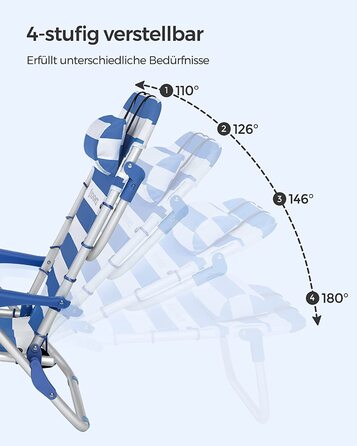 Пляжне крісло SONGMICS, Крісло для кемпінгу, Складаний стілець, Відкритий стілець, Портативний, з плечовими ременями, Складний, Регульована спинка, З підголівником, Підлокітники, 2 бічні кишені, Синьо-білий GCB62BU