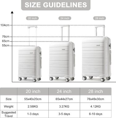 Валіза KONO з TSA-замком та 4 спінінг-колесами, білий колір, розмір S (Cabin 20 Inch)