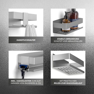 Набір душових полиць BENKSTEIN (2 шт.) | Полиці для душу з кріпленням на клей або свердління | Корзинка для душу без свердління | Тримач для гелю для душу та шампуню | Організатор для ванної кімнати, полиця для душу, срібна, 2 шт.