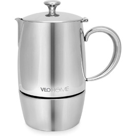 Мока-кавоварка VeoHome Mokka Pot на 10 порцій - нержавіюча сталь, італійська, для індукційних плит, газу, кераміки, електрики, без алюмінію, подвійний фільтр (300 мл)