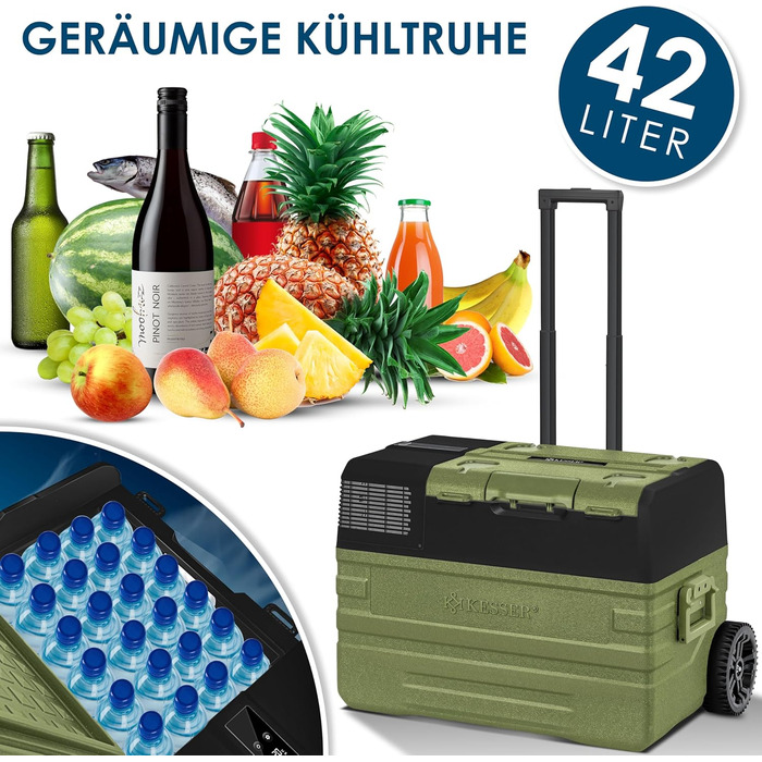 Автомобільний компресорний холодильник KESSER 42L з Wi-Fi, 12/24/230V, до -20°C, колеса, телескопічна ручка, хакі + 2 акумулятори холоду