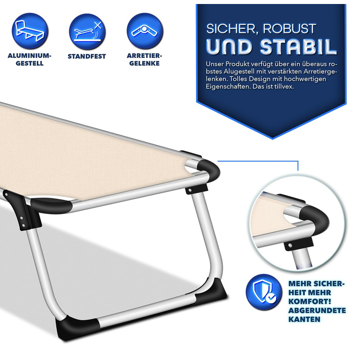 Сонячне ліжко Tillvex® з дахом та подушкою для голови | Садова лежанка, розкладний лежак | Пляжний лежак з регульованою спинкою | Алюмінієве ліжко (Basic, Бежевий)