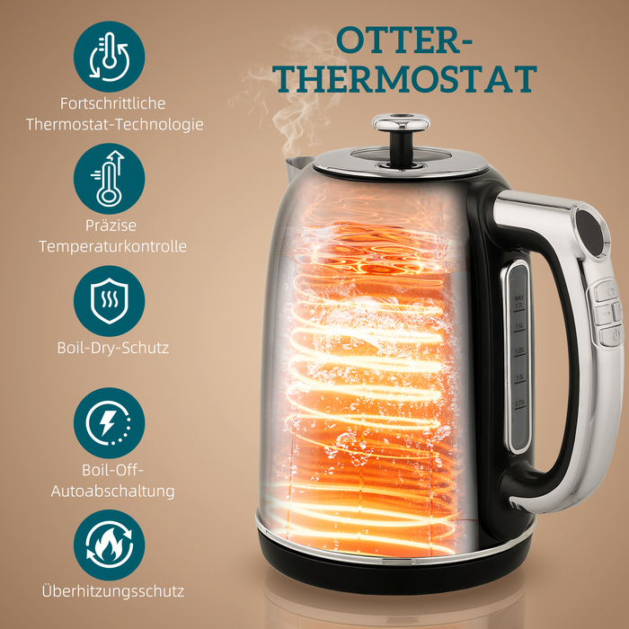 Набір чайника та тостера, LED-дисплей, об'єм 1,7 літра, потужність 2200 Вт, ретро-дизайн, функція пам'яті, чорний колір