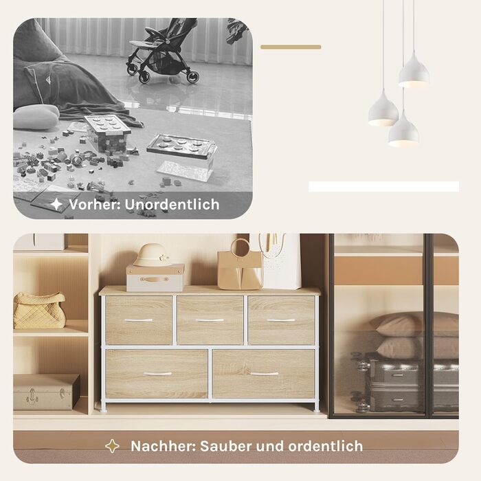 Комод WOLTU з 5 висувними ящиками з тканини, шафа-комод, тумба під TV, для вітальні, спальні, передпокою, з металевим каркасом та ДСП, білий, SSK005ws, білий (світлий дуб + білий, 5 тканинних ящиків)