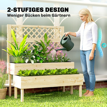 Підвищений грядок з решіткою для ліан, 2-рівневий квітник з 2 посадковими ящиками, дерево, 108 x 62 x 120 см