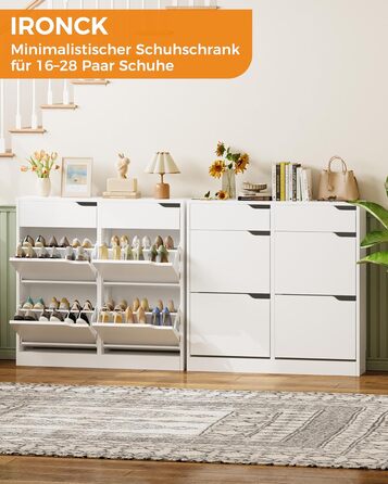 Шкаф для взуття IRONCK з 4 дверцятами, вузький, з 2 висувними ящиками, окремо розташований, з регульованими перегородками, для передпокою, входу та вітальні (Білий) 100*23.5*98 см, Білий