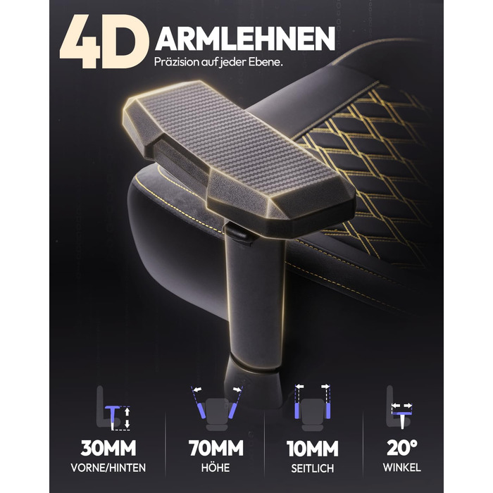 Ігровий крісло Dowinx 200 кг, ергономічний офісний крісло з 4D підлокітниками та підтримкою попереку, регульована висота, чорний