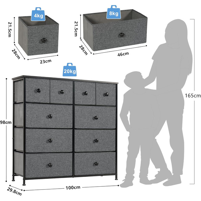 Комод з 10 тканинними шухлядами, органайзерні меблі для кухні/офісу/передпокою, тумба під телевізор (сірий Великобританія)