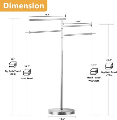 Підлоговий тримач для рушників YOFOVI, срібляний, з 4 поворотними руками, нержавіюча сталь, 101,6 см