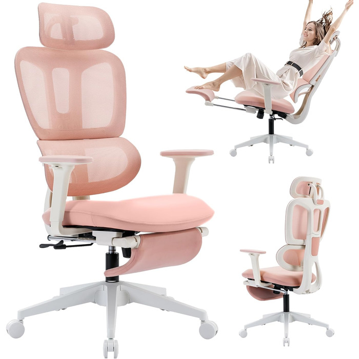 Ергономічне крісло для офісу з підніжкою, висока спинка, 2D-підголівник, відкидні підлокітники, сидіння з губки, сітчастий крісло для офісу, крісло для начальника, комп'ютерне крісло для дорослих (рожеве)