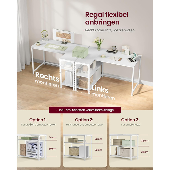 Кутовий стіл VASAGLE L-подібної форми з полицею, для офісу вдома, 110 x 80 см, колір: Акорн-білий