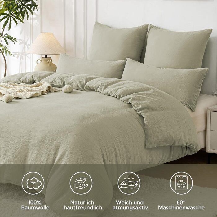 Набір постільної білизни SOULFUL з мусліну 200x200, бавовна, 2 шт. (простирадло 135x200 см, 2 наволочки 80x80 см), з блискавкою, ÖKO-TEX, Небесно-зелений