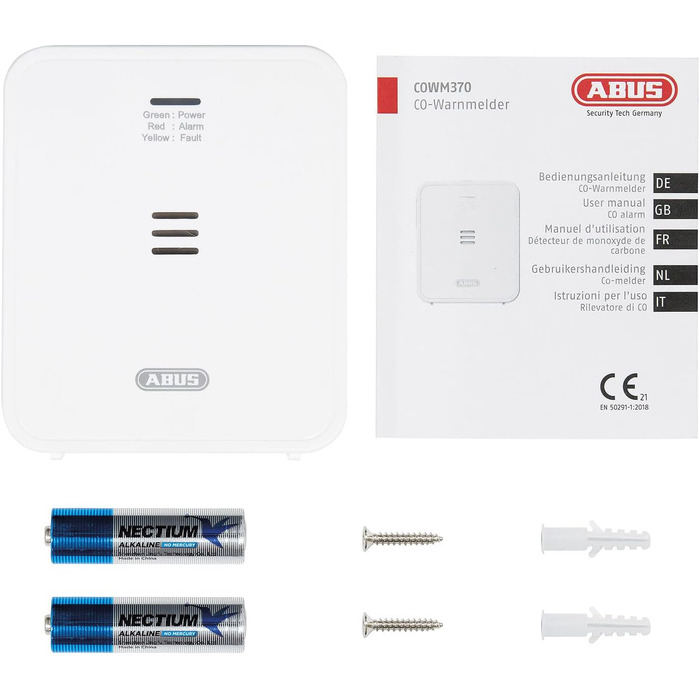 Детектор чадного газу ABUS COWM370 - датчик CO з 7-річним сенсором, гучний сигнал 85 дБ, кнопка тестування та 3 роки роботи від батареї - білий, 1 шт., без дисплея