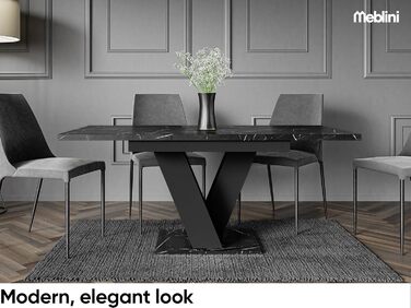Обідній стіл Mebleini розсувний, сучасний, чорний глянцевий/білий глянцевий (120-160x80x75см, чорний мармур/чорний матовий)