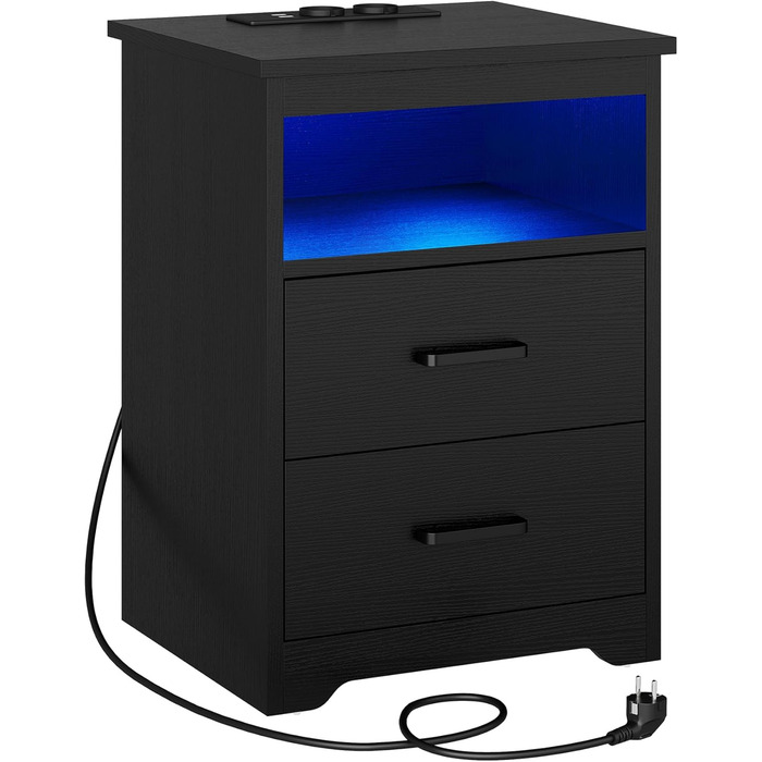 Приліжкова тумба з LED-підсвіткою, зарядною станцією та USB, 2 шухляди, чорна, для спальні та вітальні