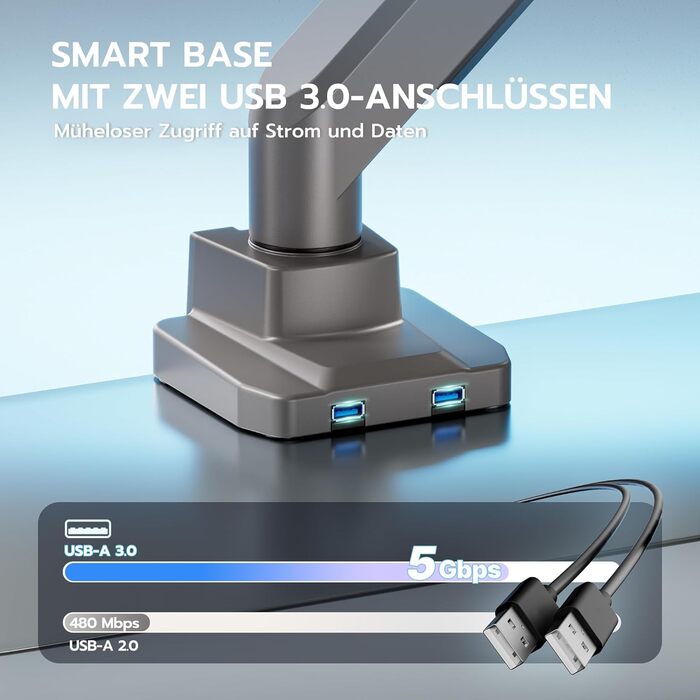 Кріплення для монітора ARES WING з USB A/C, 17'-45', регульована висота, вантажопідйомність 18 кг, VESA 75/100 мм, білий (сірий)