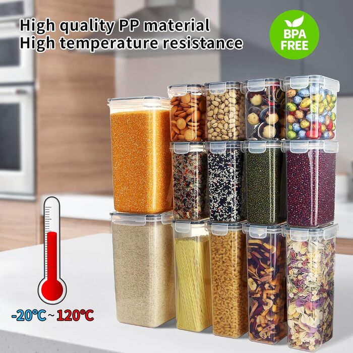 Набір контейнерів для зберігання продуктів 36 шт. з універсальною кришкою – 1 кришка для всіх 5 розмірів, герметичні та BPA-free, прозорі контейнери для їжі, з мірною ложкою та етикетками (2,4/2/1,4/0,8/0,5 л)