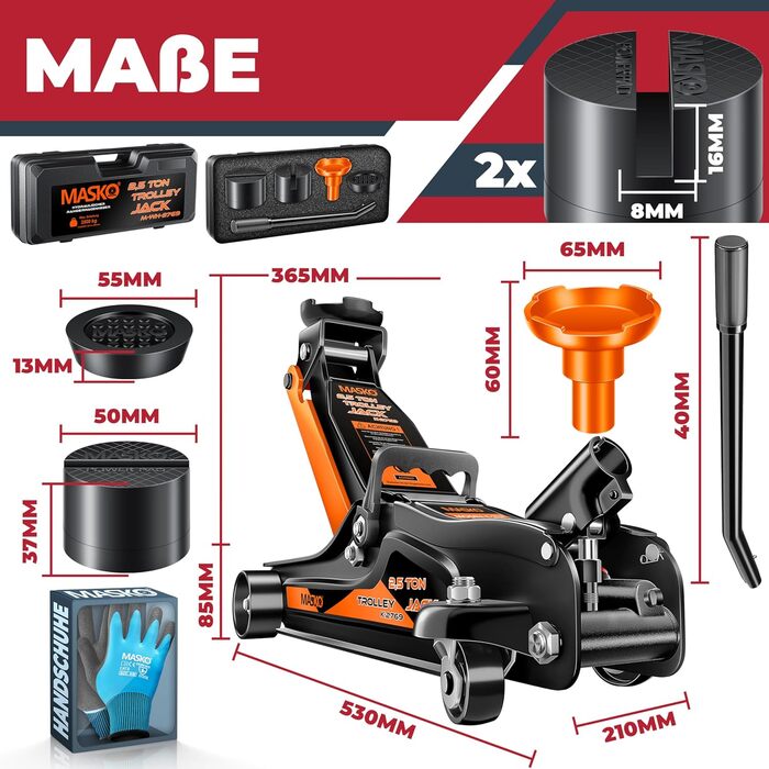 Гідравлічний домкрат MASKO 3T з низьким профілем 85-460мм, 3 гумові накладки, для автомобілів SUV, 360° колеса, рукавички в комплекті, підставка для ремонту (до 2.5 тонн, помаранчевий)