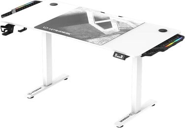 ULTRADESK Стол для роботи та геймінгу з регулюванням висоти - електричний, 140x68 см, з підсвічуванням RGB, XL-килимок для миші, білий