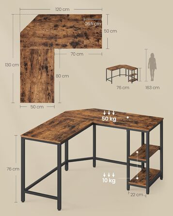 VASAGLE L-подібний кутовий стіл для комп'ютера, 138 x 138 x 76 см, з 2 полицями, для офісу та дому, геймінгу, чорний з текстурою дерева, LWD072B56
