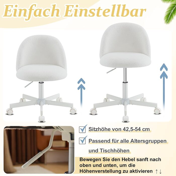 Офісне крісло Bonnlo з роликами, стілець для туалетного столика, регульований по висоті, для робочого кабінету, спальні, home office, з м'якої тканини Тедді, білий