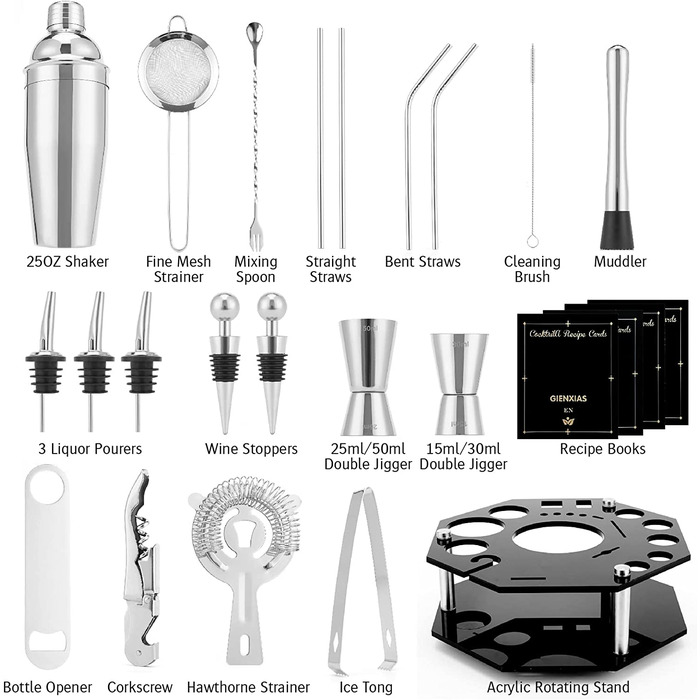 Коктейльний набір з 21 предмета з поворотною підставкою та аксесуарами Шейкер з нержавіючої сталі Подарункова коробка Срібло
