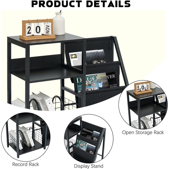 Стійка для програвача вінілу з 3-ярусним зберіганням для 200 альбомів, металевий каркас, CD та Record шафа, стійка для програвача та дерев'яна шафа для платівок для вітальні, кімнати відпочинку