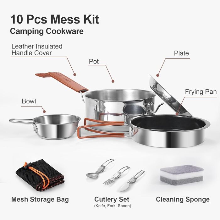 Набір посуду для кемпінгу Odoland: каструля, сковорода, тарілки, миски, столові прибори (10 шт.) з антипригарним покриттям та шкіряним чохлом