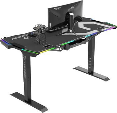 Ігровий стіл ULTRADESK Force , регульований по висоті, подушка XXL, 2 кабельні розетки, поличка для подовжувачів, світлодіодне RGB-підсвічування, сталева рама, сірий, 166x70 см