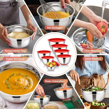 Набір місок HaWare з нержавіючої сталі, 7 шт., з кришками, для приготування їжі, випічки, салатів, 6.5/4.5/3/2.5/1.5/1.2/0.7 л (червоний, силіконове дно)