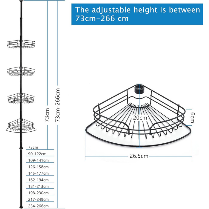 Телескопічна душова полиця DAMAI без свердління Душова полиця з нержавіючої сталі Кутова полиця з нержавіючої сталі Полиця для ванної кімнати Полиця для ванної кімнати з 4 кошиками для ванни та ванної кімнати Нержавіюча 73-266 см (чорна)