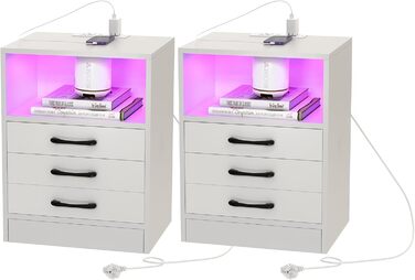 Тумбочка з розеткою та USB, LED, 2 ящики, регулювання висоти, коліщатка, білий