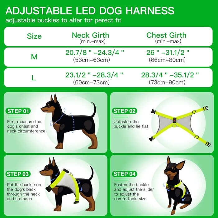 Світлодіодна шлейка для собак ChalkLit, світловідбиваюча шлейка для собак, світлодіодний жилет безпеки для нічних прогулянок (зелений, L)