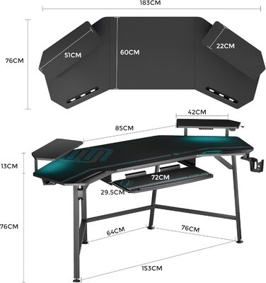 Ігровий стіл EUREKA ERGONOMIC 160x74 см - великий стіл у формі крила з 2 відсіками для iPad. Підходить для дому, офісу, стрімінгу. Чорний колір.