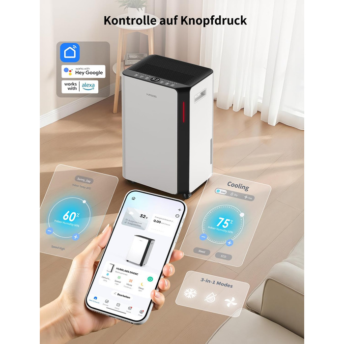 Електричний осушувач повітря HUMILABS 20L з Wi-Fi, для приміщень до 60 м², з гофрованим шлангом, резервуар 4,5л, 3 режими, таймер 24г, білий