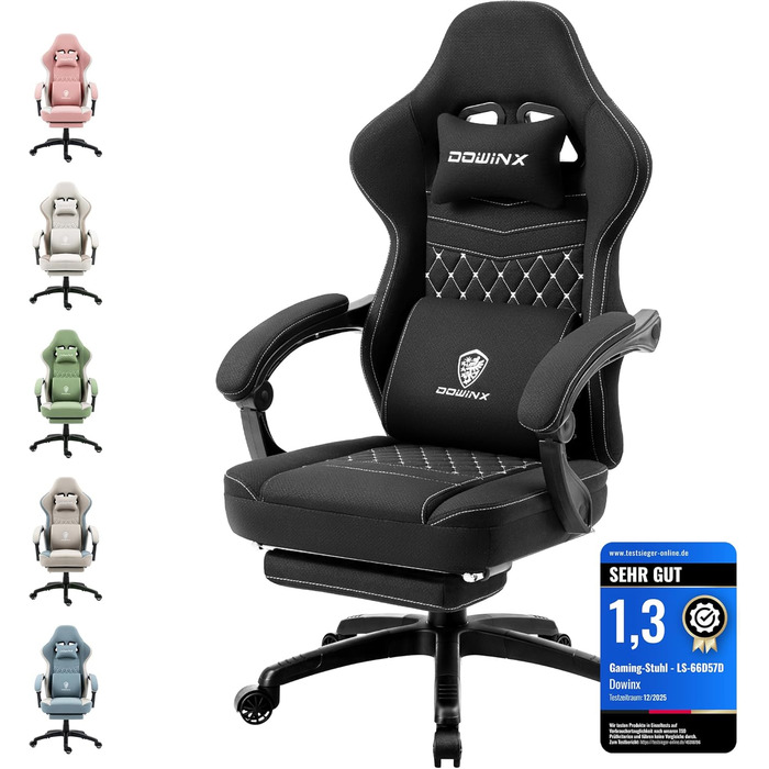 Ігровий крісло Dowinx з тканиною та пружинним блоком, з масажем, підголівником та підніжкою (Чорний)