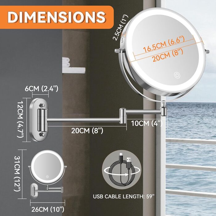 Дзеркало для макіяжу Auxmir з підсвічуванням 1X/30X, перезаряджуване, з LED, для гоління та макіяжу, настінне, поворотне на 360°, з 3 кольорами світла, 3200mAh, срібне