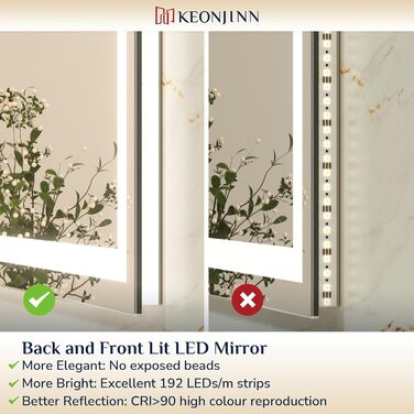 Дзеркало для ванної кімнати Keonjinn з підсвічуванням 50x70 см, без запотівання, LED, сенсорне керування, 3 кольори, регулювання яскравості, пам'ять, без рамки