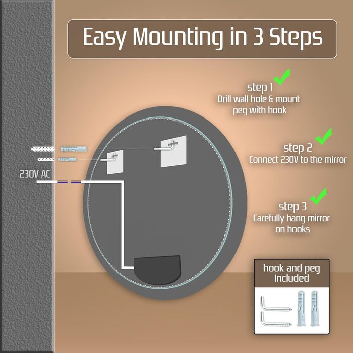 Дзеркало для ванної кімнати Venti 60 см з підсвічуванням та сенсорним вимикачем, кругле, LED, 60x60 см