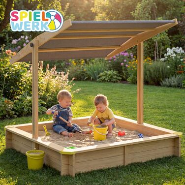 Пісочниця Spielwerk Sonnendach 120x120 см з дахом, натуральне дерево, захист від УФ, борти, підкладка, дитяча пісочниця Fritzi