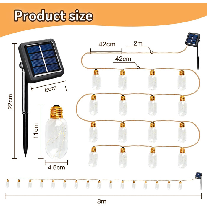 Вуличні сонячні ліхтарі Auezona, 16 лампочок, 8,2 м, стійкі до погодних умов IP44, 8 режимів, вінтажний декор