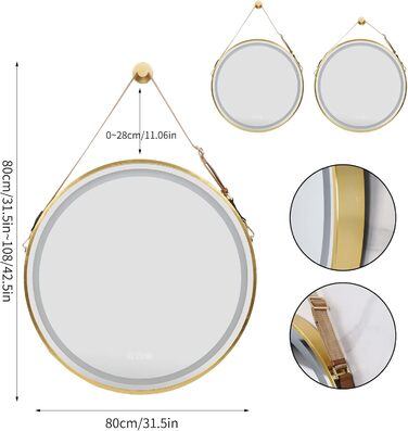 Дзеркало для ванної кімнати LUVODI кругле, 80 см, з підсвічуванням, золото, з сенсорним вимикачем, проти запотівання